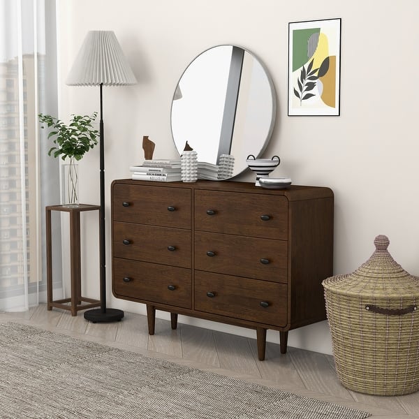 double dresser brown Seamore Mid-Century Modern 6-Drawer Double-Dresser Solid Wood in Brown