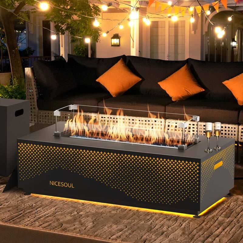 Outdoor Propane Fire Pit Table, 50,000 BTU Rectangular Steel Gas Fireplace with Wind Guard, Hidden Tank for Patio & Backyard