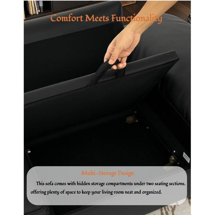 Leather Compact Sofa Couch with Hidden Storage, Minimalist 2-Seater Loveseat Sofa Couch with Pillow Armrests