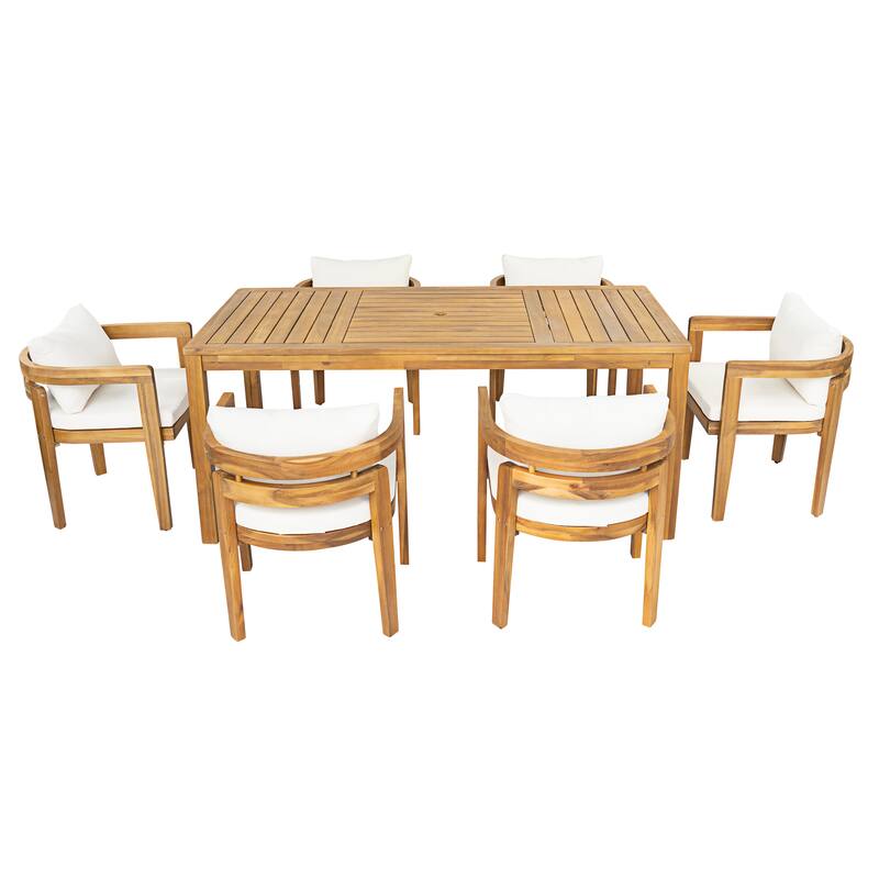 Christopher Knight Home - Solid Acacia Wood Outdoor Patio Dining 5/7-Piece Set with Cushions & Umbrella Hole