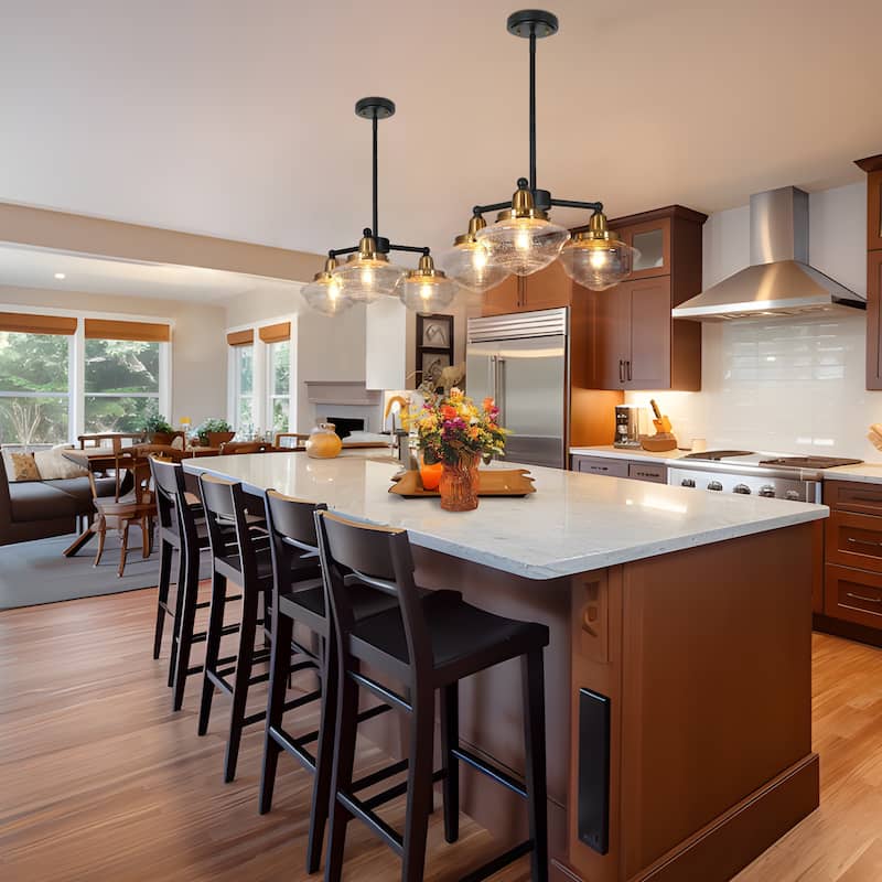 Mid-Century Modern 3/5-Light Black Gold Wheel Chandelier Seeded Glass Pendant Light for Dining Room