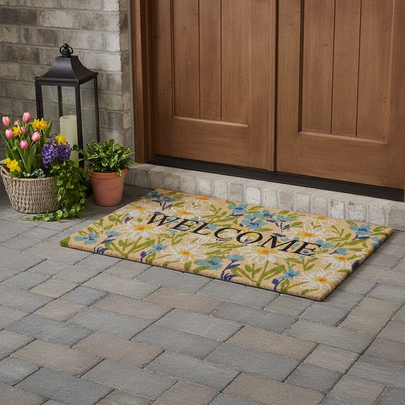 HomeRoots 30" X 48" Brown Light Blue And Green Floral Welcome Outdoor Coir Door Mat - 30.00' X '48.00 - 30.00' X '48.00