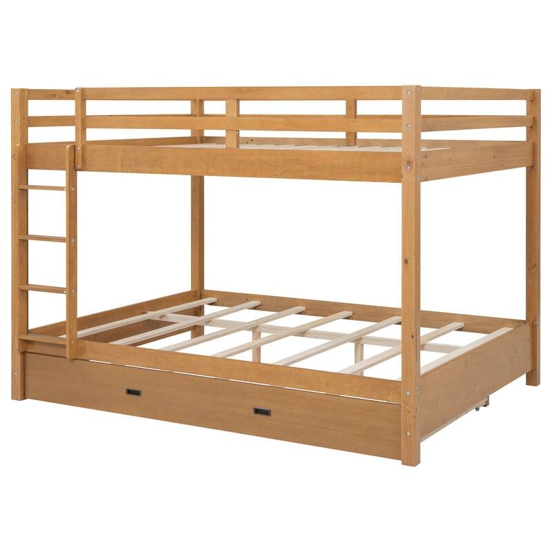Queen Over Queen Size Bunk Bed with Twin XL Size Trundle, Solid Wood Bunk Bedframe with Ladder and Guardrail for Kids