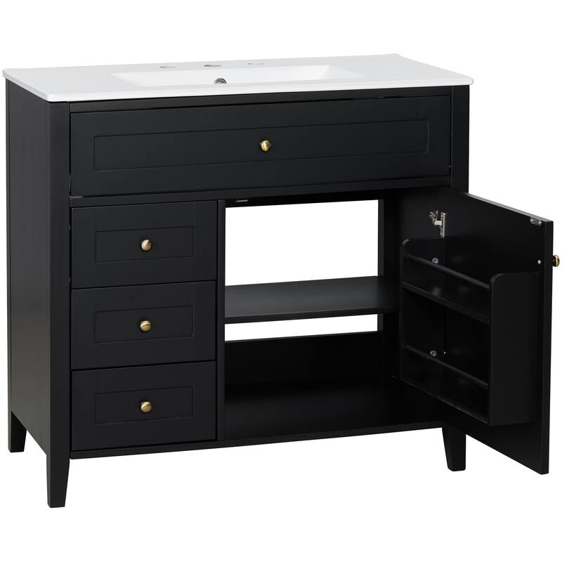 Roomfitters 36" Bathroom Vanity with Sink, Solid Wood Legs, 4 Drawers & Cabinet with Adjustable Shelf