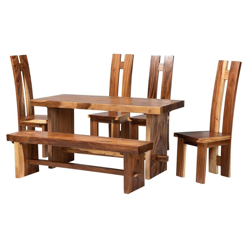 Lin Suar Wood Dining Set - Handcrafted Rectangular Solid Wood Table with Seating, Rustic Modern Kitchen or Dining Room Set