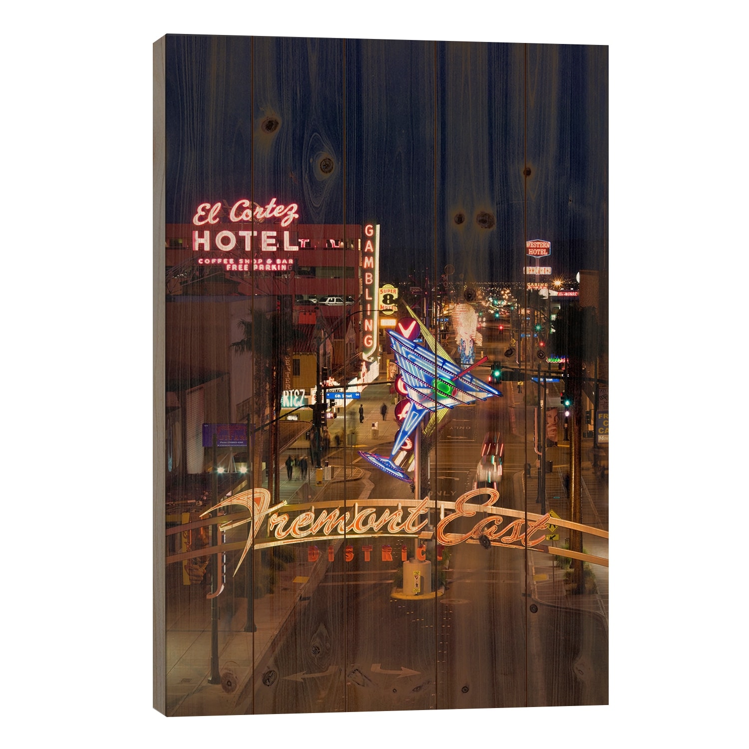 Neon casino signs lit up at dusk, El Cortez, Fremont Street, The Strip, Las Vegas, Nevada, USA Print On Wood by Panoramic Images