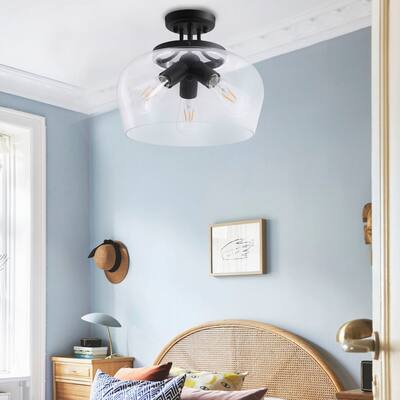 CO-Z 3-Light Matte Black Clear Glass Semi Flush Mount Ceiling Light