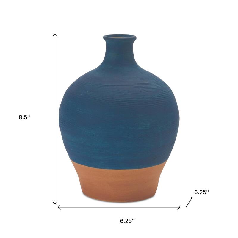 9" Blue And Terra Cotta Ceramic Round Urn - 6.25