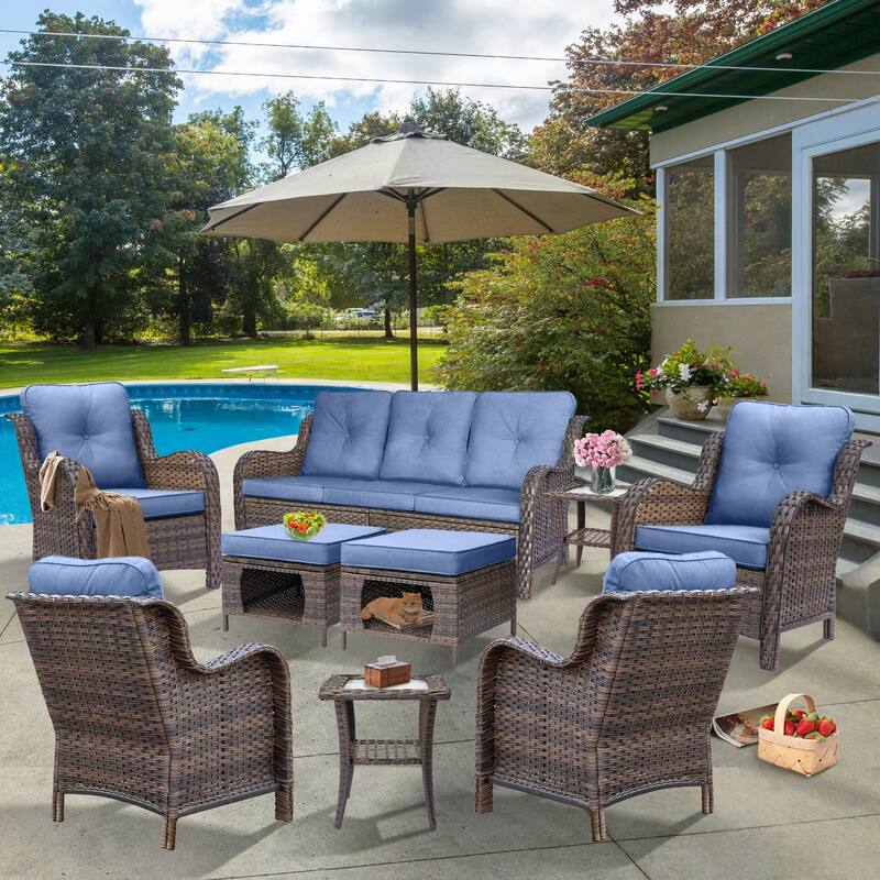 Brown Wicker Outdoor Patio Furniture Sofa Set with Denim Blue Cushions