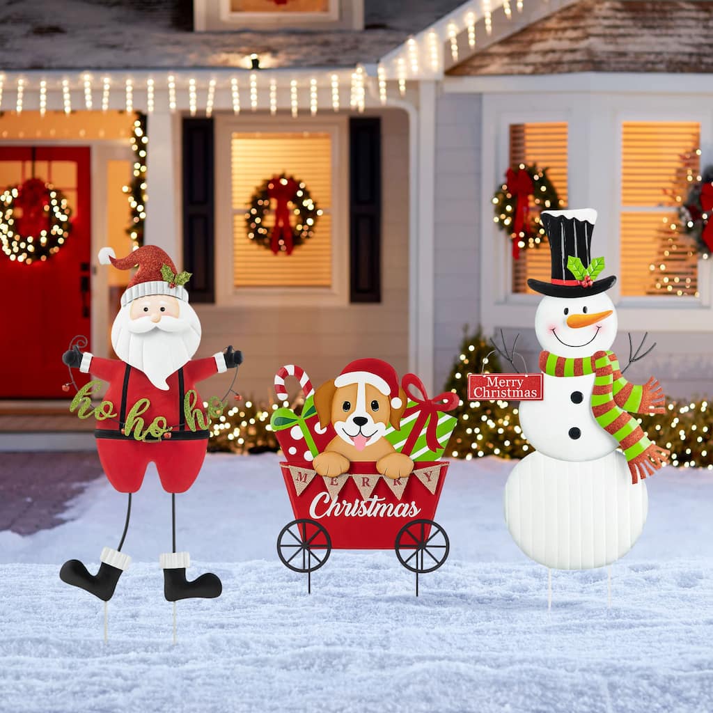 Glitzhome Metal Snowman Santa Yard Stakes Christmas Dog and Gift Cart Wall Decor