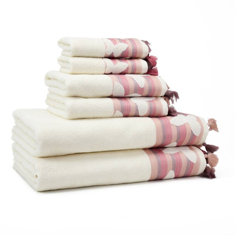 East'N Blue Butterfly Turkish Cotton Bath Towel Set (Set of 6) - (2 Bath Towel, 2 Hand Towel, 2 Washcloth) - Peach
