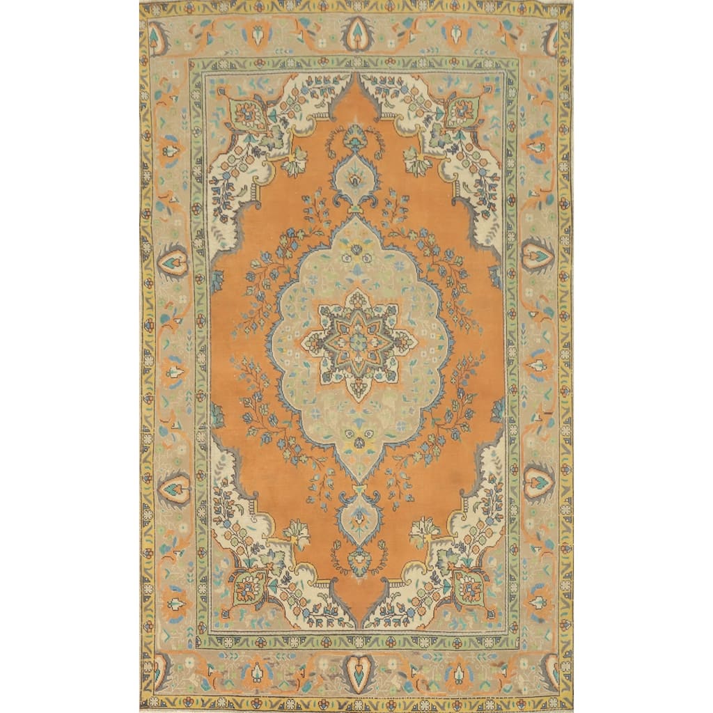 Hand Knotted Oriental 100% Wool Carpet Traditional Floral Oranges & Rust Tabriz Area Rug - 9' 7'' X 6' 1''