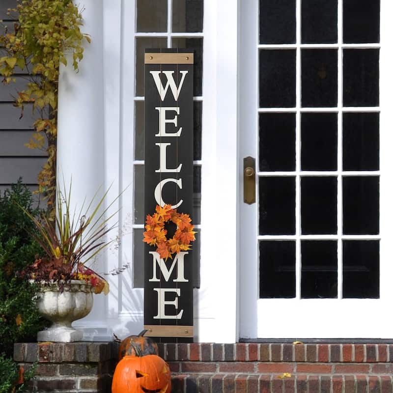 Glitzhome 60"H Wooden Welcome Porch Sign with 4 Floral Wreaths for Fall Halloween Thanksgiving Christmas Decoration