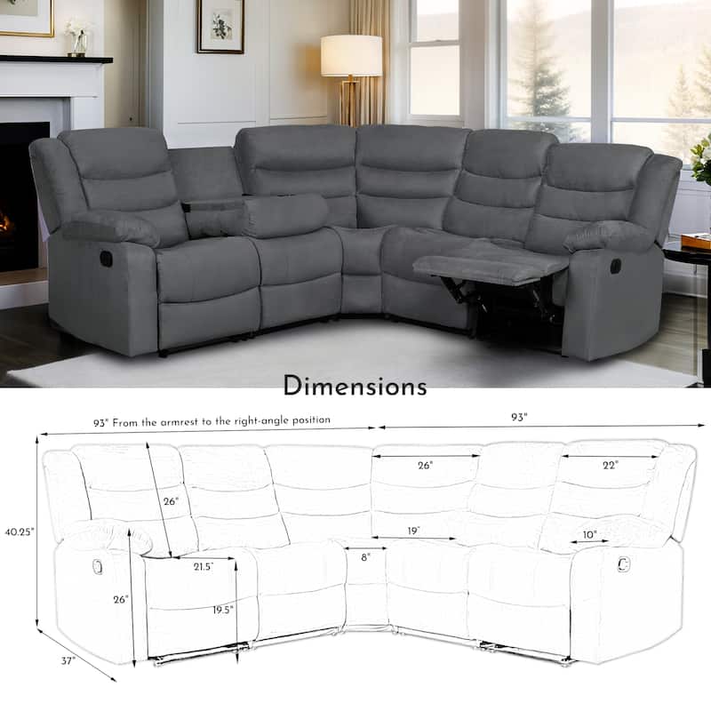 93" Width Polyester/Suede 5-Piece Manual Reclining Sectional Sofa