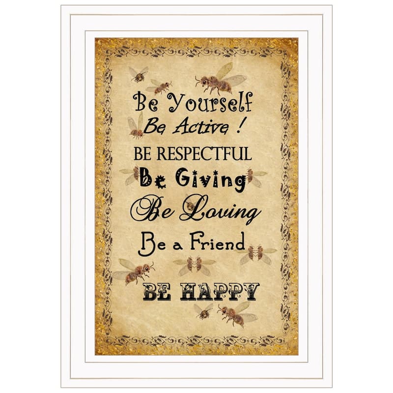 TrendyDecor4U Farmhouse "BEE HAPPY" Framed Print Wall Art - Tan/Black