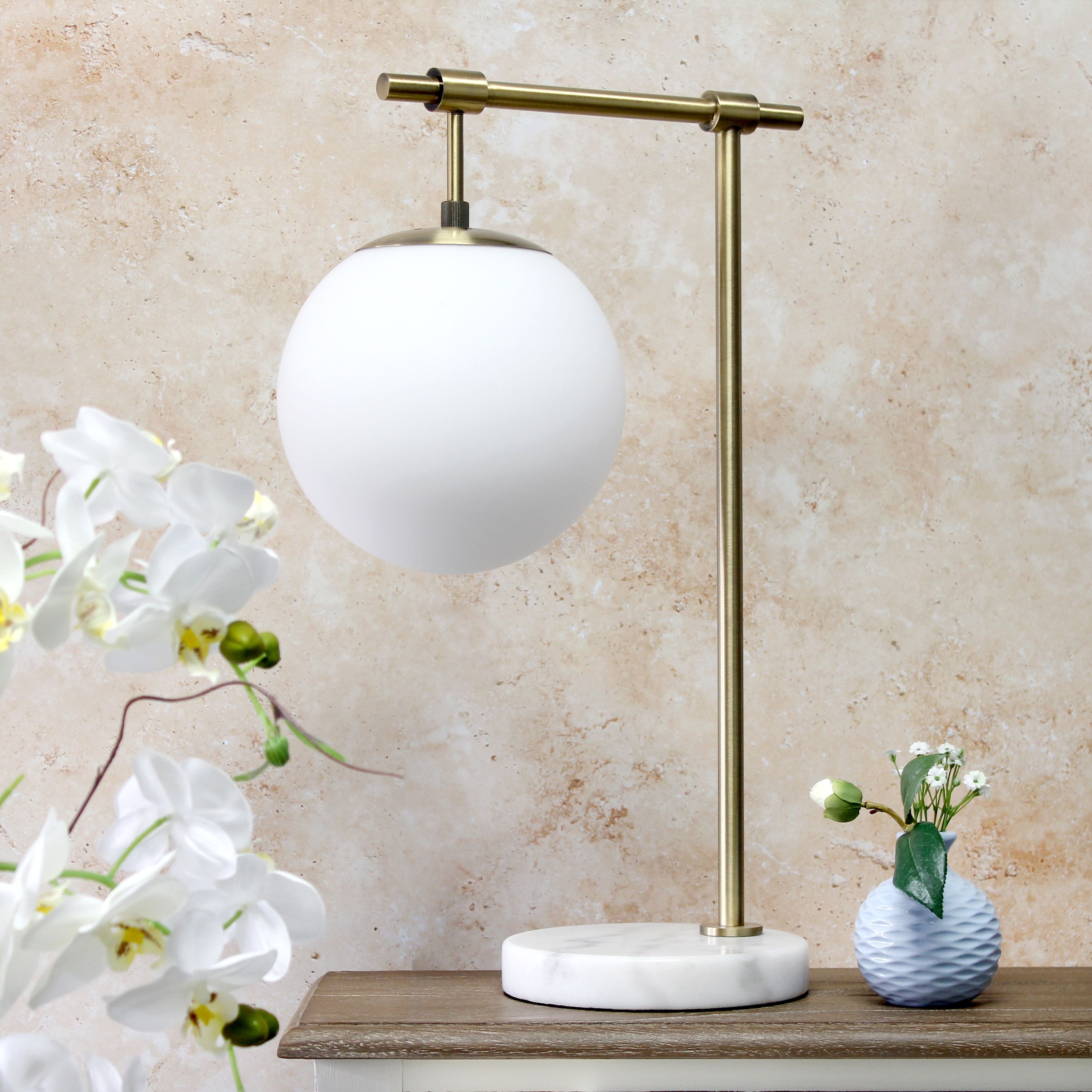 21 Mid Century Modern White Glass Globe Shade Table Desk Lamp With Antique Brass Arm and Marble Base for Study 13 x 8 x 21 Bed Bath Beyond 40770247