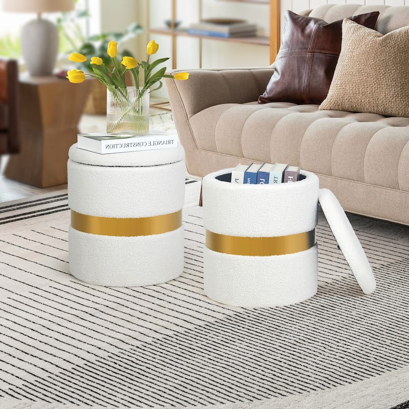 Adeco Set of 2 Velvet Storage Ottoman Round Foot Stool Metal Band