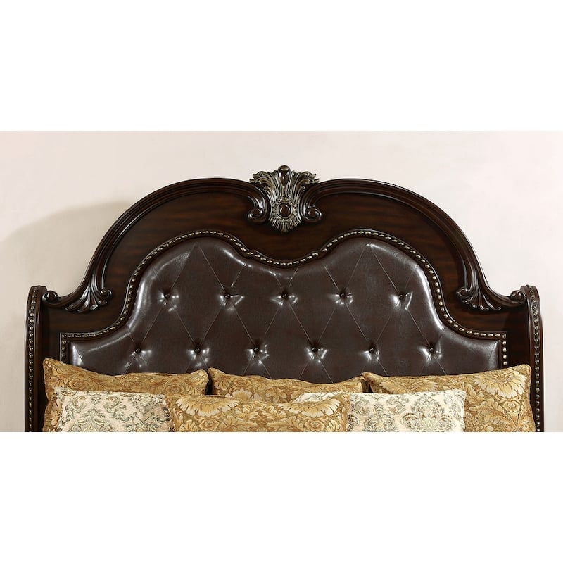 1PC Traditional Brown Cherry Finish Upholstered Bed