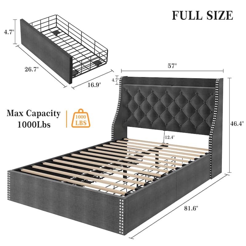 Bed Frame with 4 Storage Drawers and Headboard