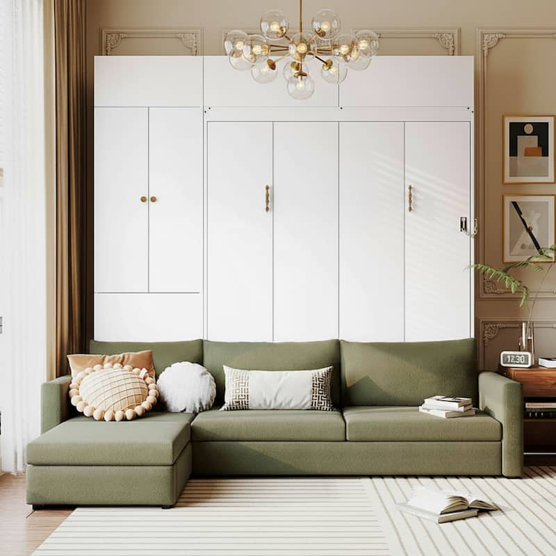 Queen-Size Convertible Murphy Wall Bed with Built-In L-Shaped Sofa & Storage Cabinet System by Harper&Bright Designs
