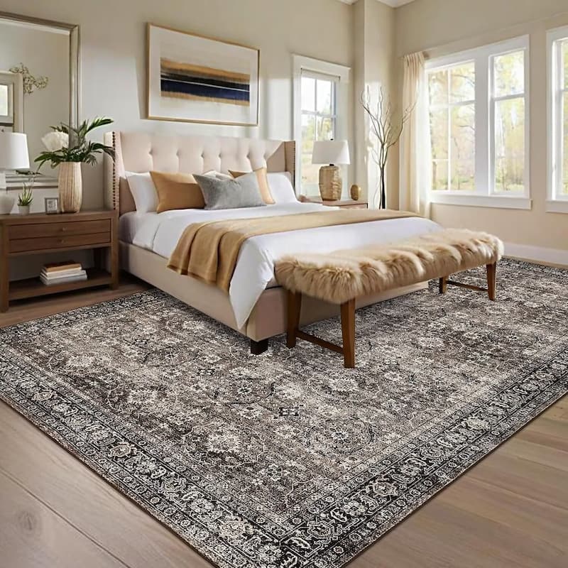 Vintage Floral Rug Non Slip Low Pile Area Rug Soft Throw Rugs for Living Room Bedroom