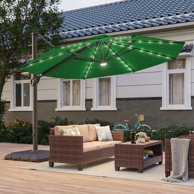 Bonosuki 11Ft Aluminum LED Cantilever Patio Umbrella with Base for Patio Deck Garden - Green