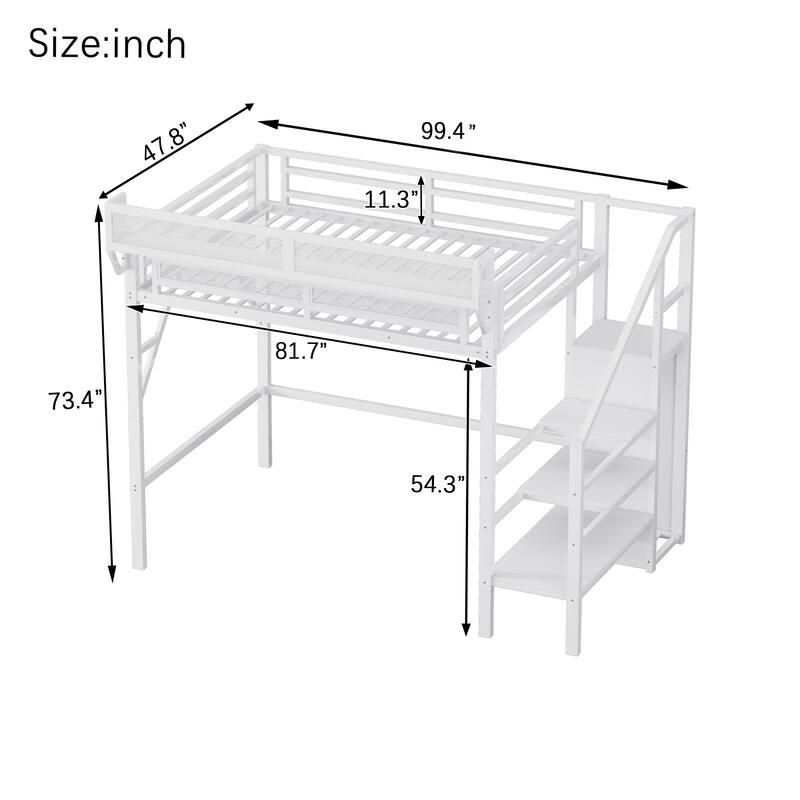Twin XL Metal Loft Bed with Stairs, Storage Shelves and Wardrobe, High Loft Bed with Under-Bed Space
