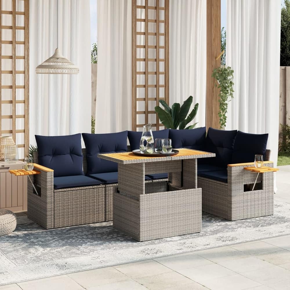 vidaXL Patio Sofa Set with Cushions Outdoor Furniture 6 Piece Poly Rattan - 21.7 x 24.4 x 27.2