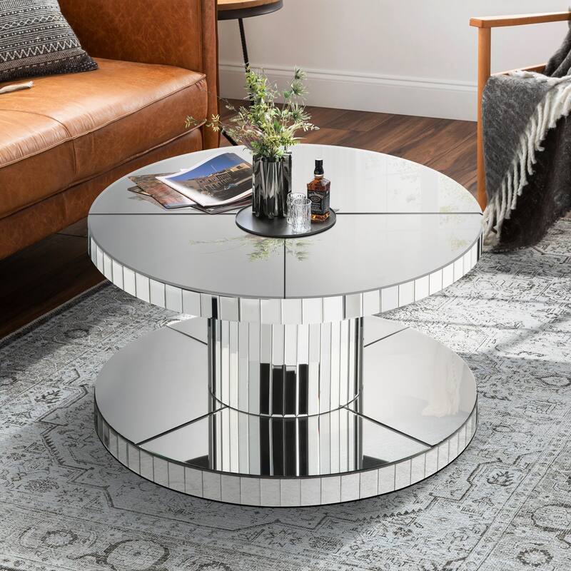 Double-Tier Luxury Round Mirror Coffee & End Table with Fluted Glass - 31.5" Diameter Modern Sofa Side Table for Living Room