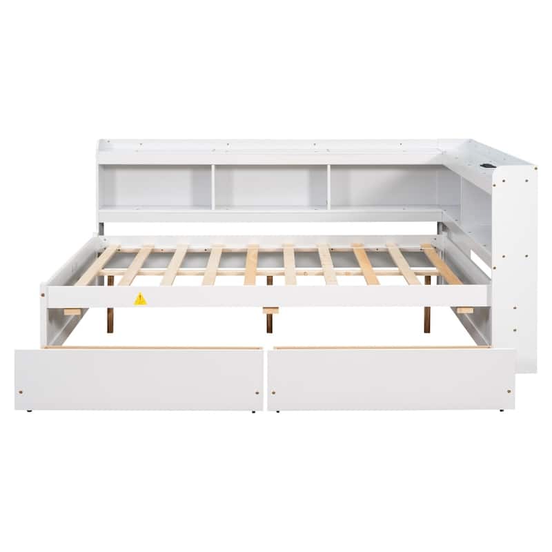 Full Size L-shaped Bookcases Bed with Power Outlets, USB Charging Ports and Two Drawers
