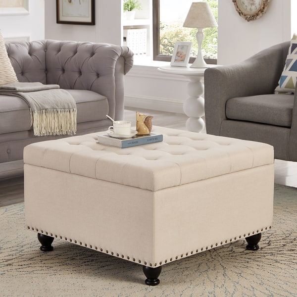 slide 2 of 36, Large Upholstered Button Tufted Square Storage Ottoman with Nail Trims