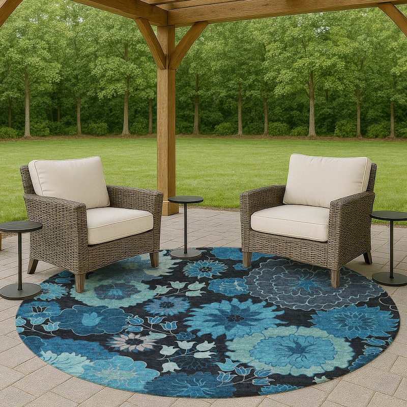 Machine Washable Indoor/ Outdoor Modern Floral Chantille Rug - Blue - 8' x 8'