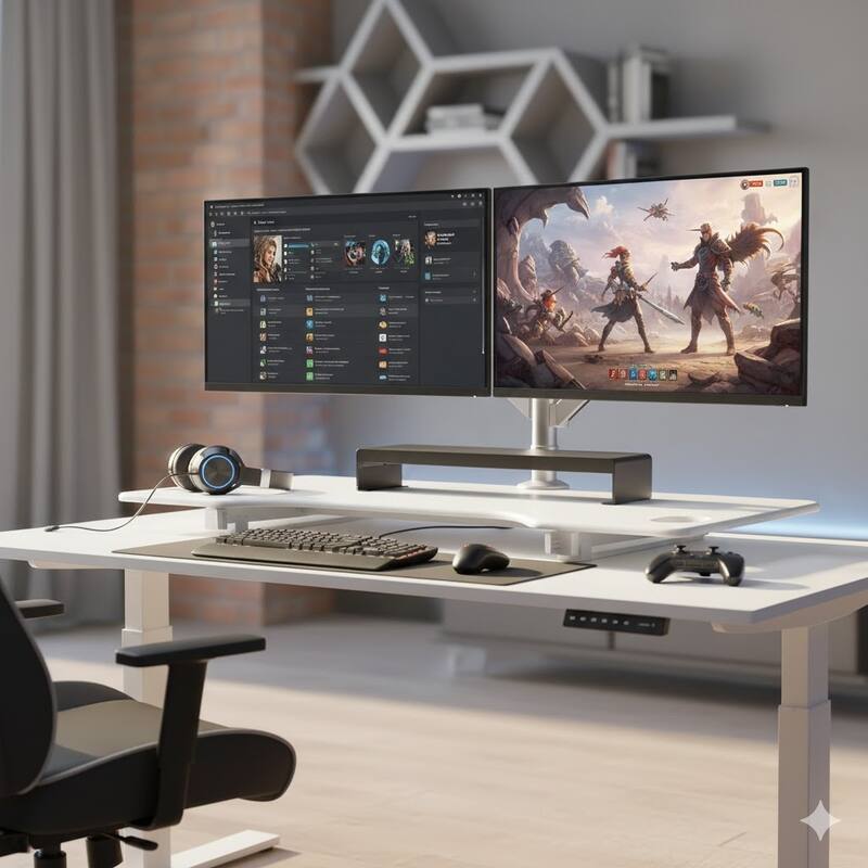 Rocelco 37.5 in. W White Deluxe Height Adjustable Standing Desk Converter Dual Monitor Riser with Gas Spring Assist System