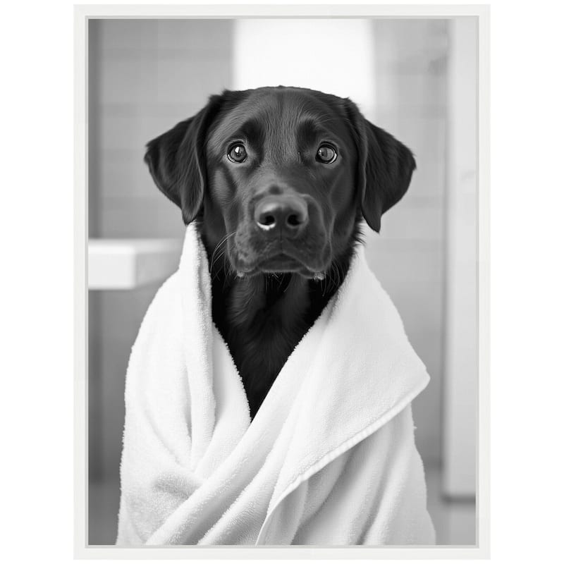 Kate and Laurel Sylvie Black Lab Bathroom Art Towel Robe Black and White Framed Canvas by The Creative Bunch Studio