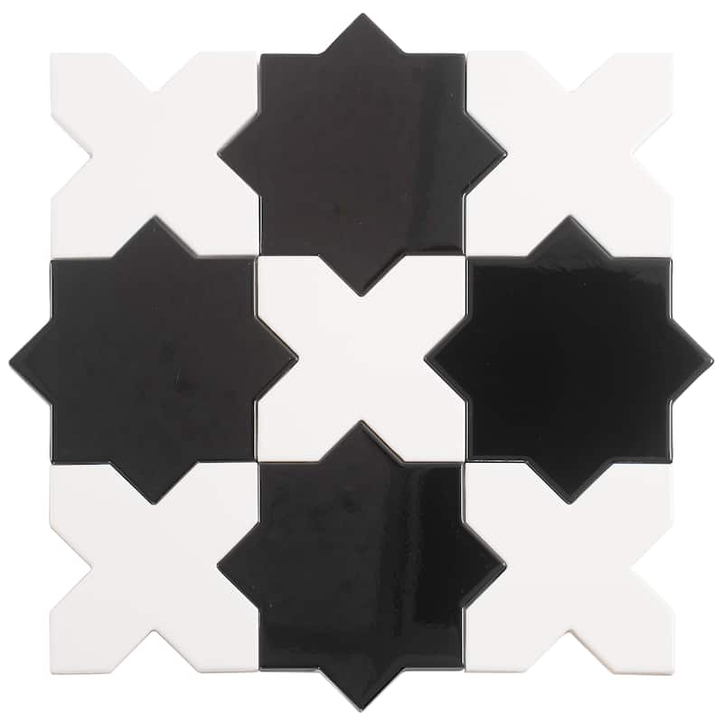 Siena 5" Star with Cross Glossy Ceramic Wall and Floor Tile (10.76 sq ft/case) - 54 Pack - Pearl White, Black