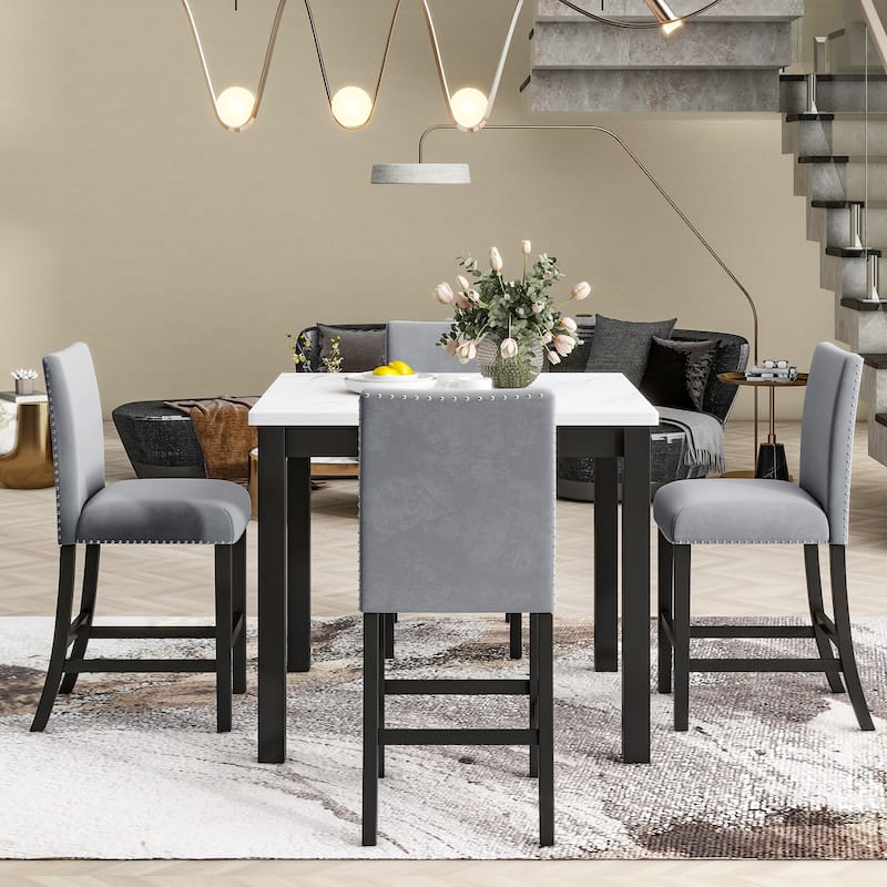 5-piece Counter Height Dining Table Set with Faux Marble Top Dining Table and Four Velvet-Upholstered Chairs for Restaurant