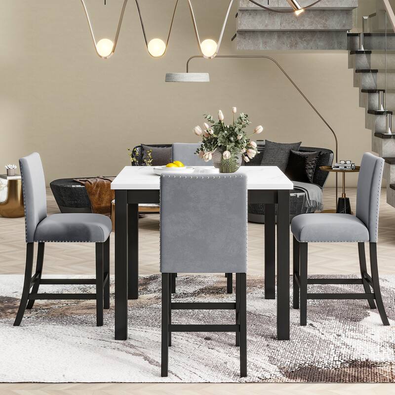 Roomfitters 5-Piece Counter Height Dining Table Set with Faux Marble Square Table and Velvet Upholstered Chairs