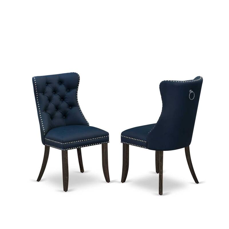 7-Piece Dining Set - Distressed Jacobean Table & Navy Chairs - Mid-Century Modern Design