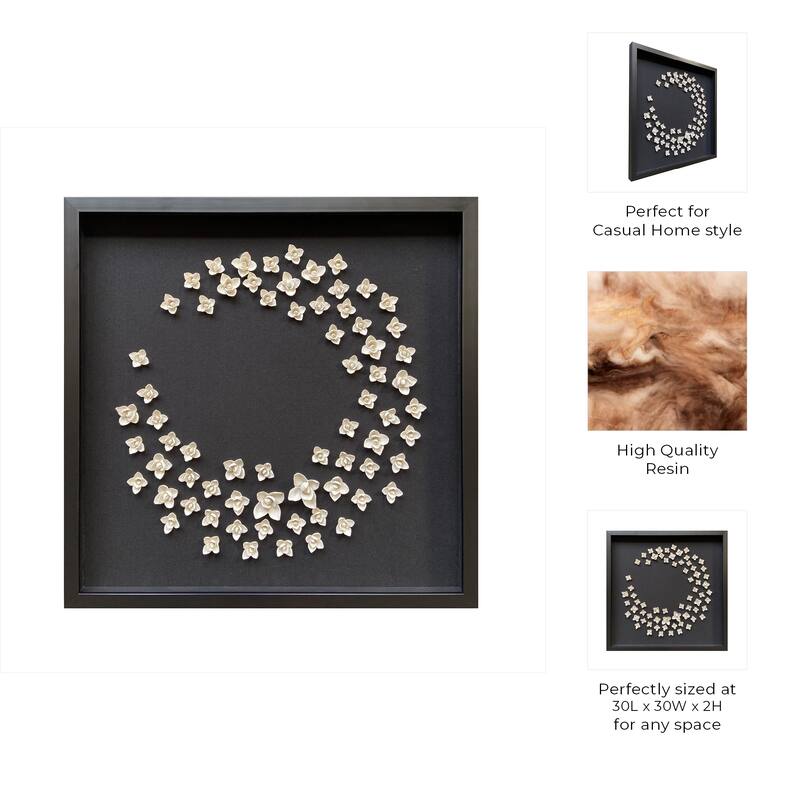 Resin Canvas Art Circular Floral Pattern Framed Wall Decor - 30" White