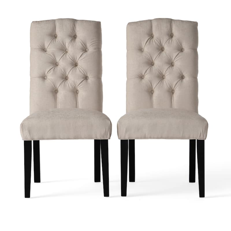 Upholstered Dining Chairs 2 Pack, Tufted Seat Back Padded Seating, Crown-shaped Top Ivory Fabric Dining Chairs for Kitchen