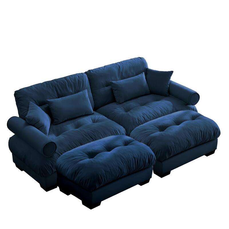 93.7" Velvet 2-Seater Sectional Sofa with Ottoman & Pillows
