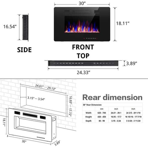 dimension image slide 4 of 5, Electric Fireplace Heater Recessed Wall-mounted w/ RC (750-1500W)