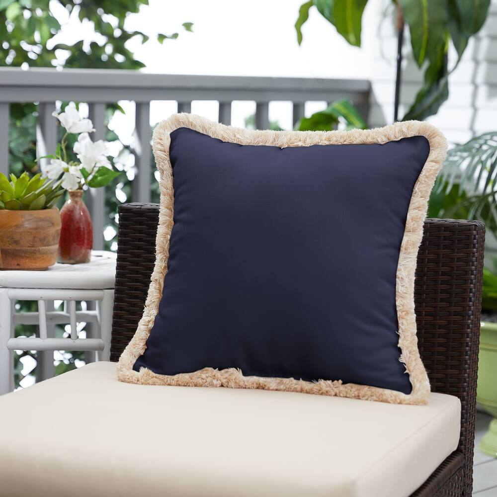 Sunbrella Canvas Navy Indoor/ Outdoor Square Pillow with Fringe - 18 in L x 18 in W