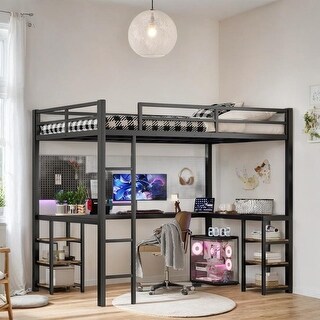 Industrial Modern Full XL Metal Loft Bed with Desk and Shelves, Loft Bed with Ladder and Guardrails, Black with Black Desk