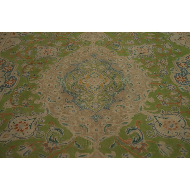 Hand Knotted Oriental 100% Wool Carpet Traditional Floral Green Tabriz Area Rug - 12' 5'' X 9' 4''