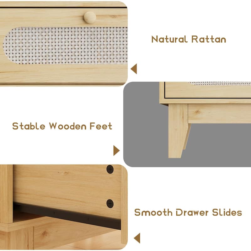 Rattan Drawer Dresser, 3 Wood Drawers Storage Cabinet Dresser for Bedroom, Living Room,Hallway