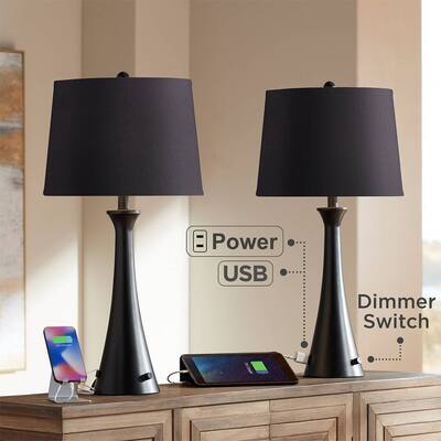 Black Finish Outlet and USB Table Lamps Set with Dimmer Switch - 27" x 14"