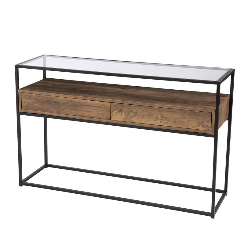 Glass Console Table with Metal Frame, Drawers and Shelf - 48” L x 14” W x 30” H