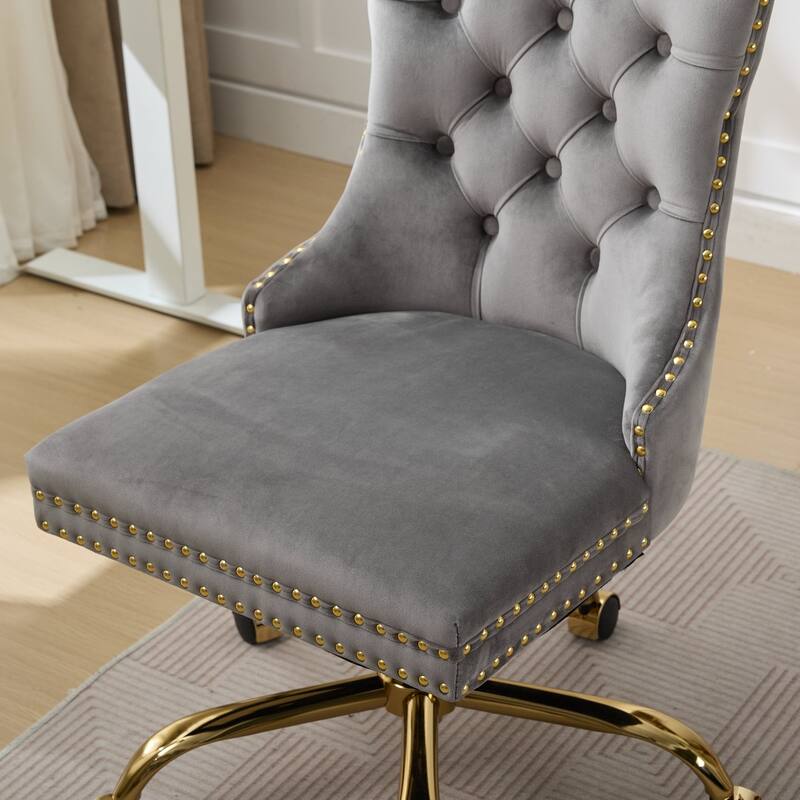 GDF Studio - Velvet Tufted Upholstered Home Office Chair with Golden Metal Base with Swivel Adjustment and Elegant Button Back