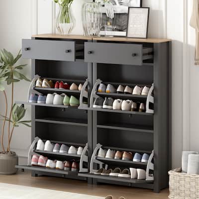 Wood Grain Shoe Cabinet Set with 4 Flip Drawers and Adjustable Panel